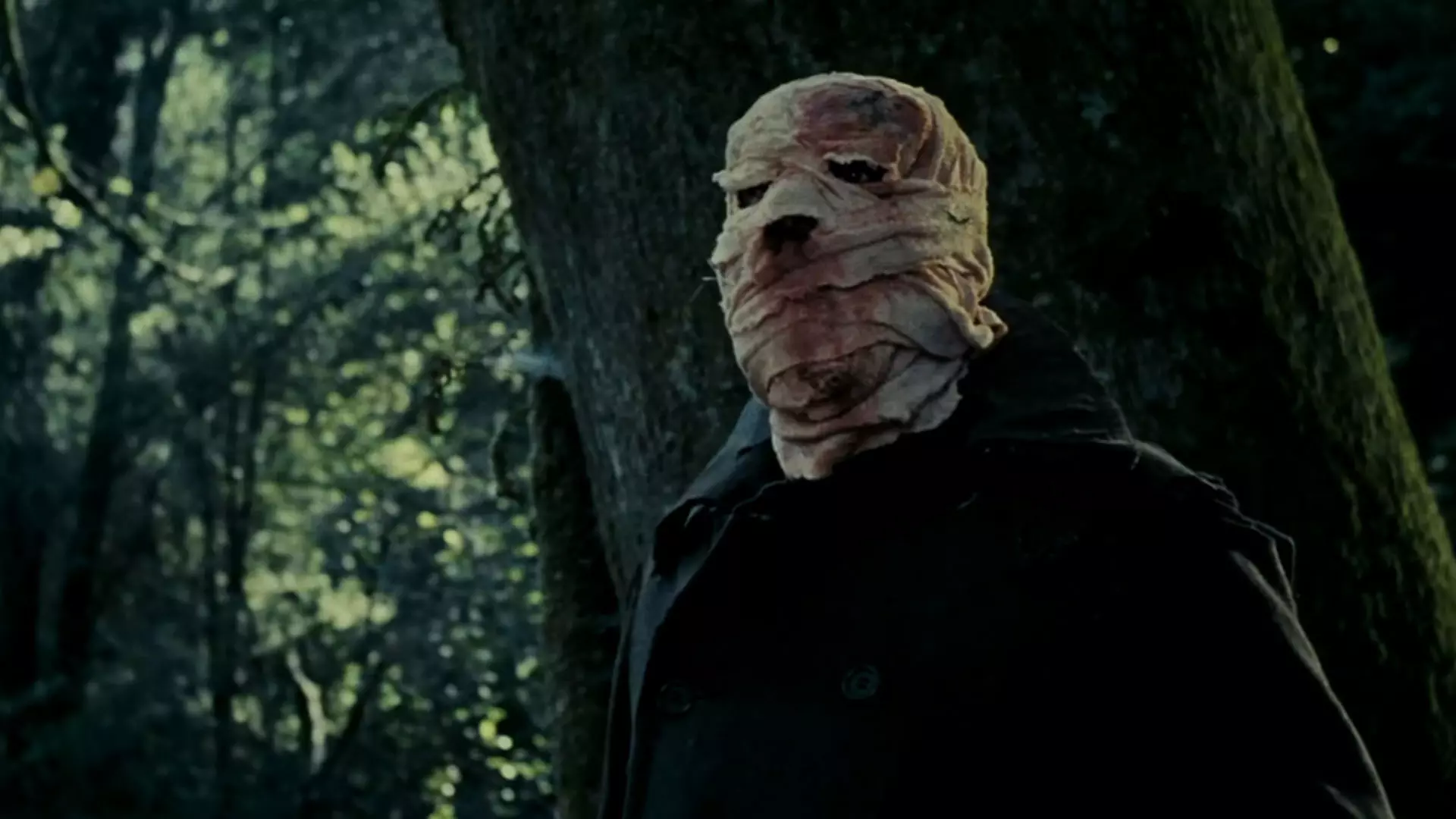 مردی با صورت باندپیچی شده و خونی در جنگل در فیلم Timecrimes