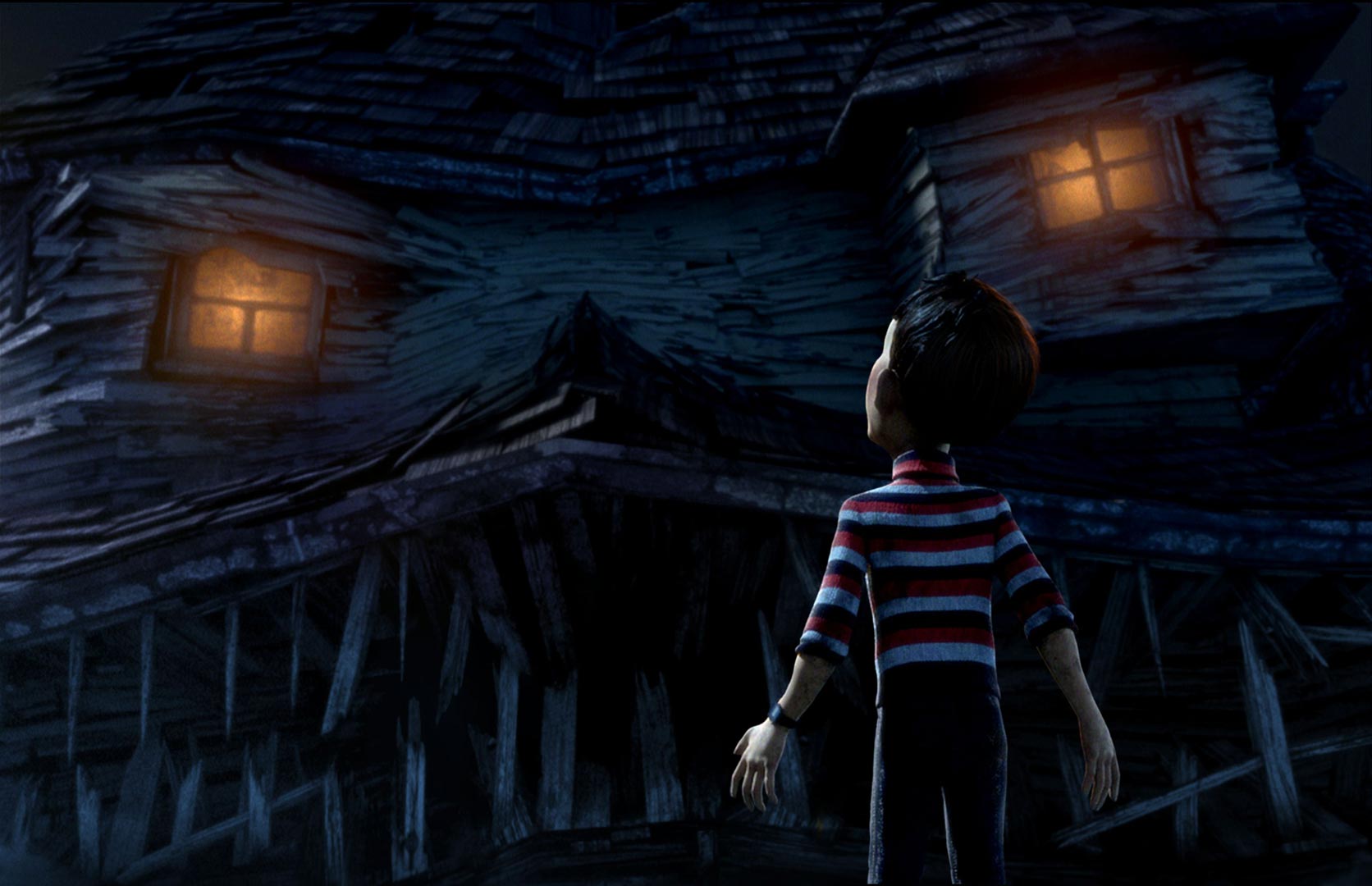 دی جی در انیمیشن خانه هیولا ایستاده جلوی خانه عجیب و ترسناک