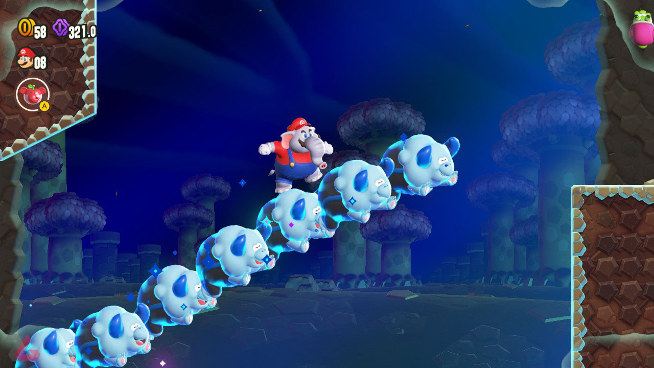 ماریو فیل در حال انجام چالش Wonder Flower در Super Mario Bros Wonder
