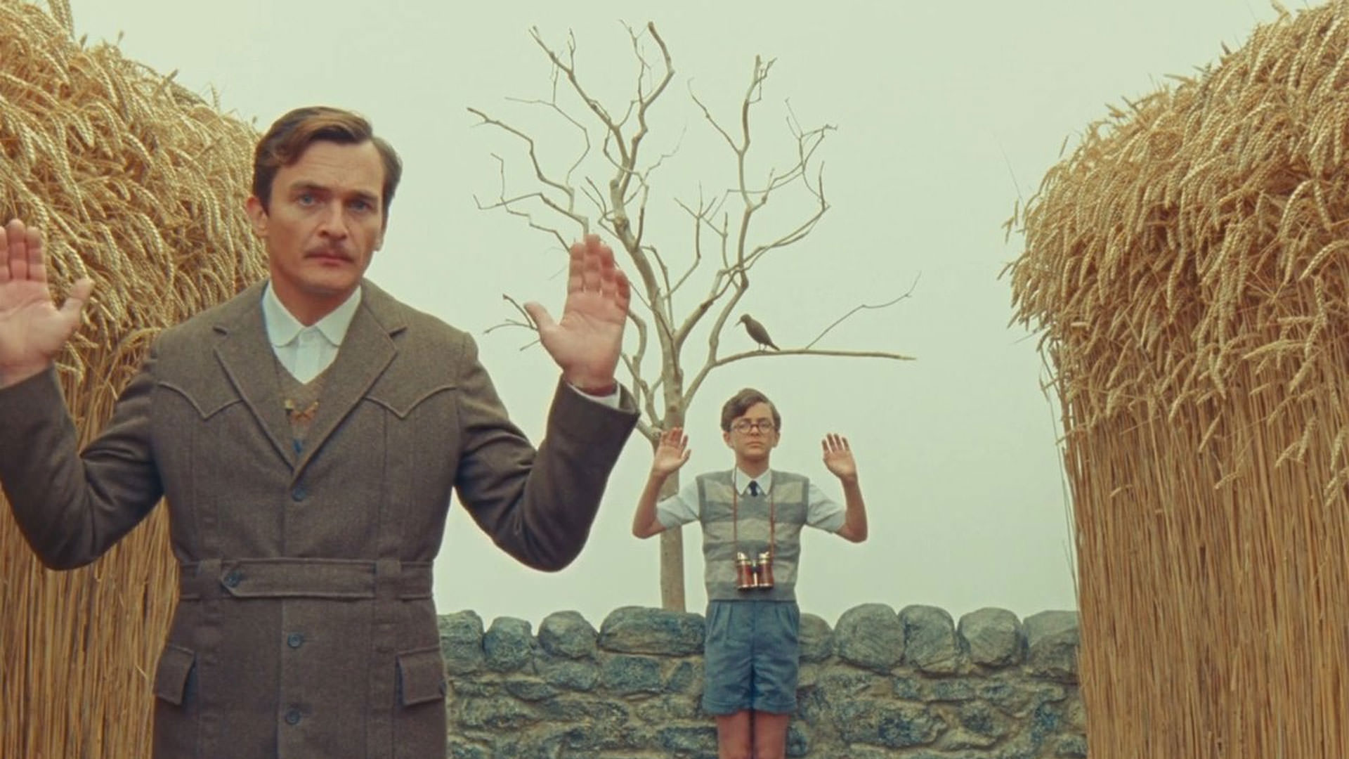 روپرت فرند جلوتر از یک پسربچه ایستاده است در حالی که هردوشان دستان‌شان را بالا برده‌اند در نمایی از فیلم کوتاه قو به کارگردانی وس اندرسون