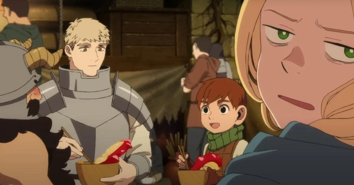 Un soldat en armure à côté d'un jeune garçon et d'un nain en train de manger et d'une fille au regard inquiet