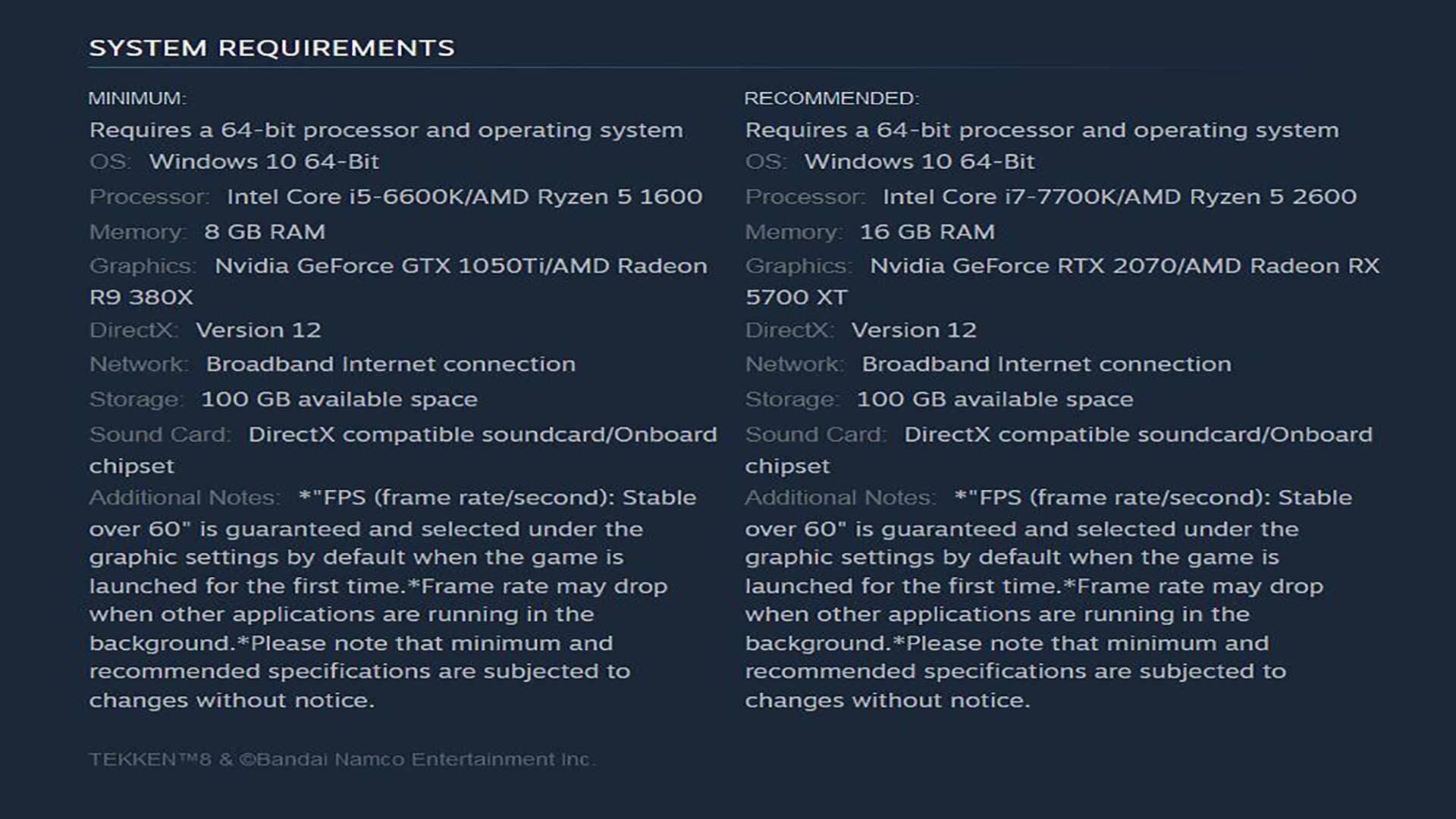 مشخصات سخت افزار Tekken 8