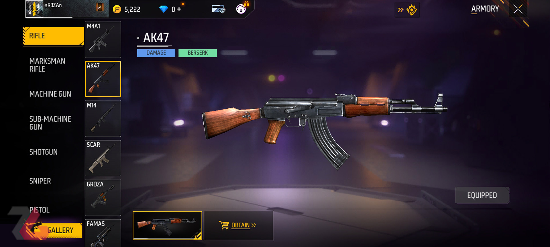 اسلحه‌ی AKM47 در بازی موبایل فری فایر مکس