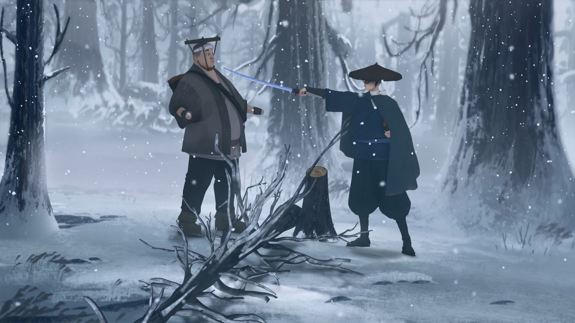 Mizu et Ringo menaçant avec une épée dans l'anime Blue Eye Samurai