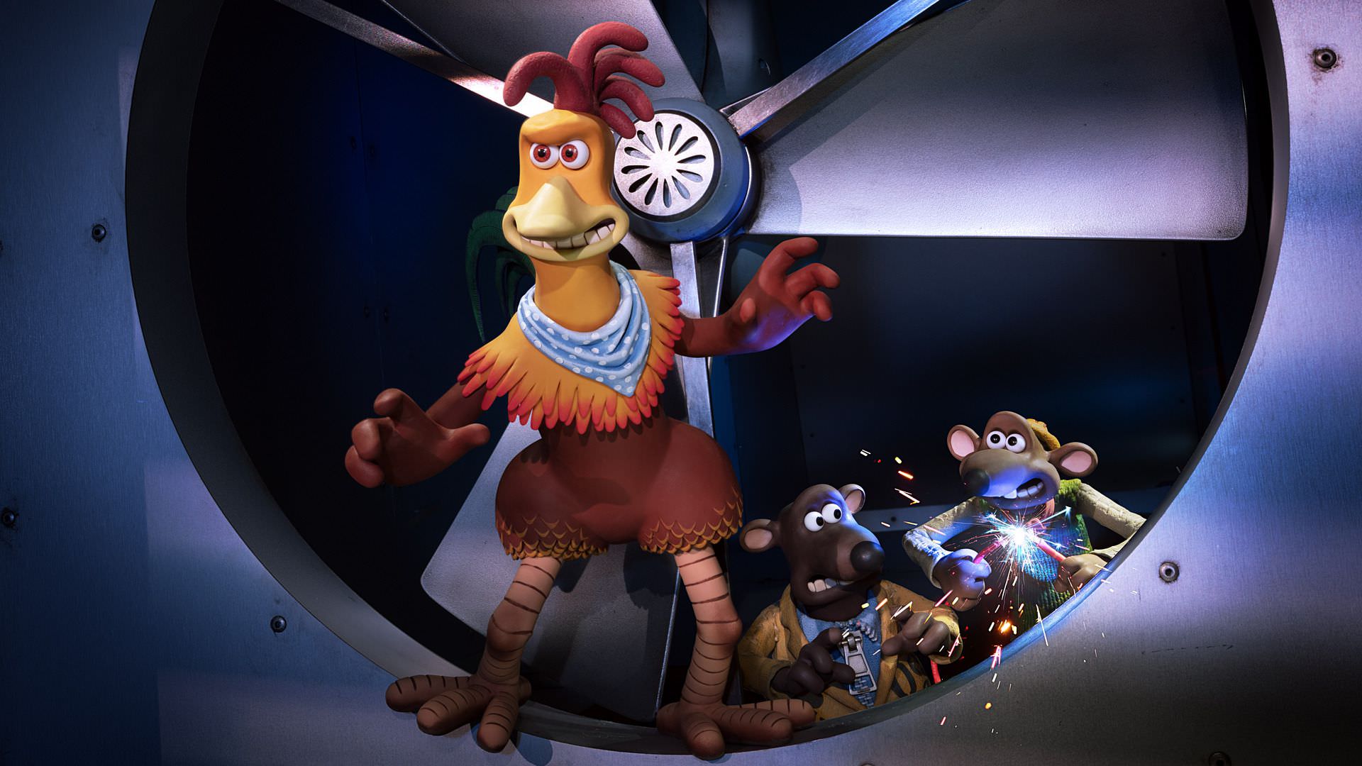 راکی در حال همکاری با موش‌ها برای حمله به خانم توییدی در انیمیشن Chicken Run: Dawn of the Nugget 