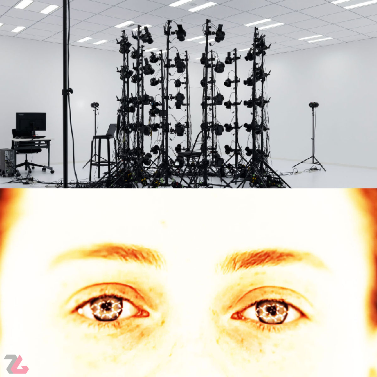 یک تصویر از استودیو کوجیما پروداکشنز و یک تصویر از منابع نوری و ساختار شبکه‌ای در چشم های سوفیا لیلیس در تریلر بازی Overdose هیدئو کوجیما
