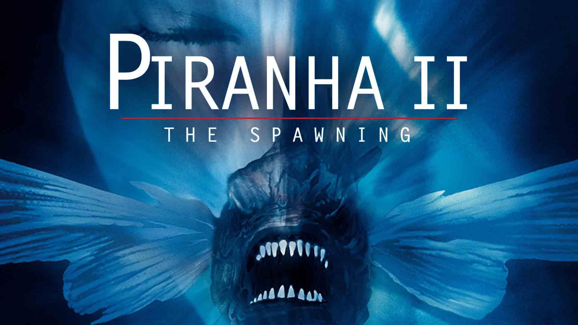 یک ماهی ترسناک در مقابل صورتی زنی که چشمانش را بسته در فیلم Piranha II: The Spawning
