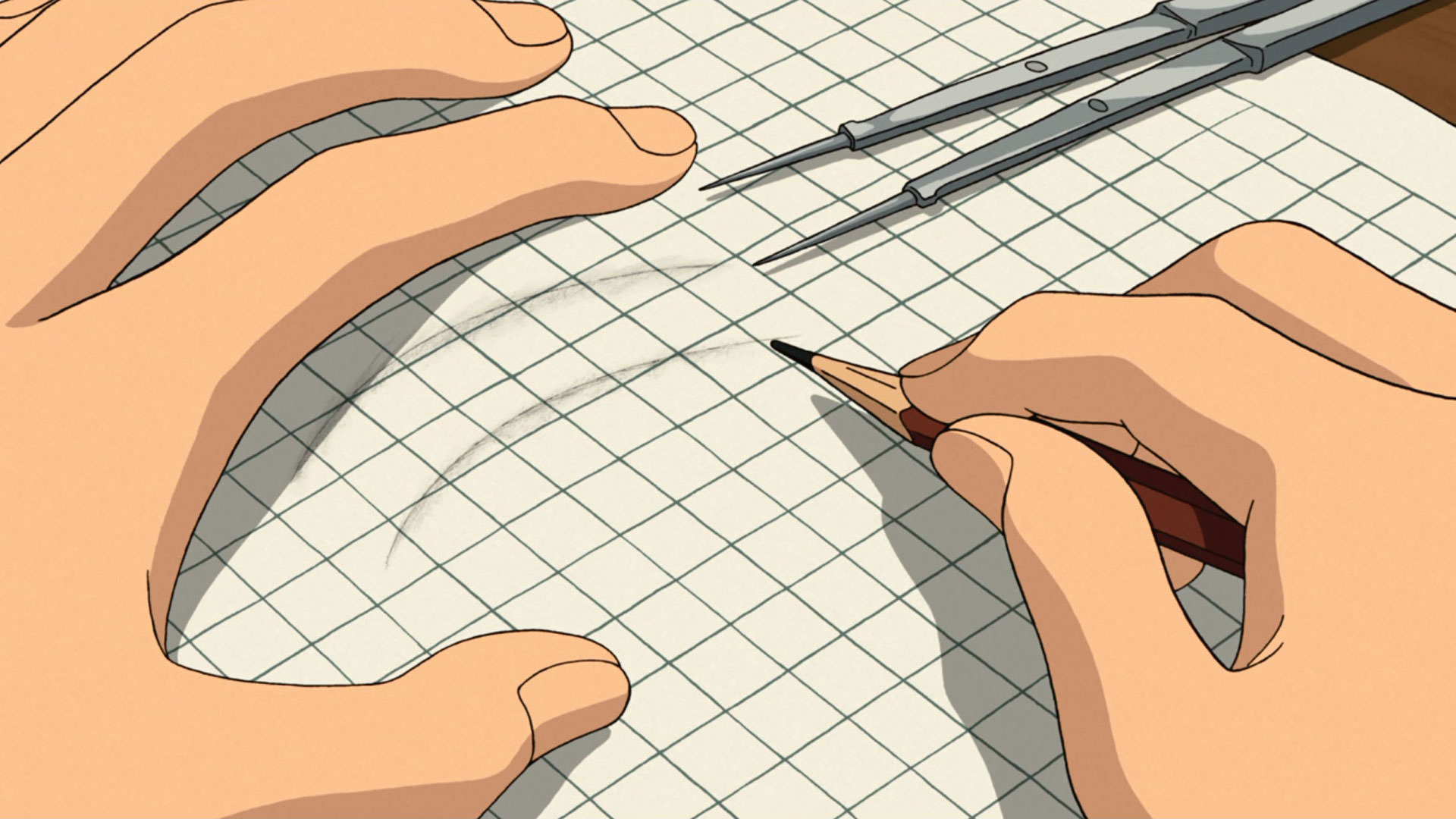 نمایی نزدیک از دستانی که با مداد در حال طراحی روی کاغذ هستند در انیمه باد برمی‌خیزد به کارگردانی هایائو میازاکی