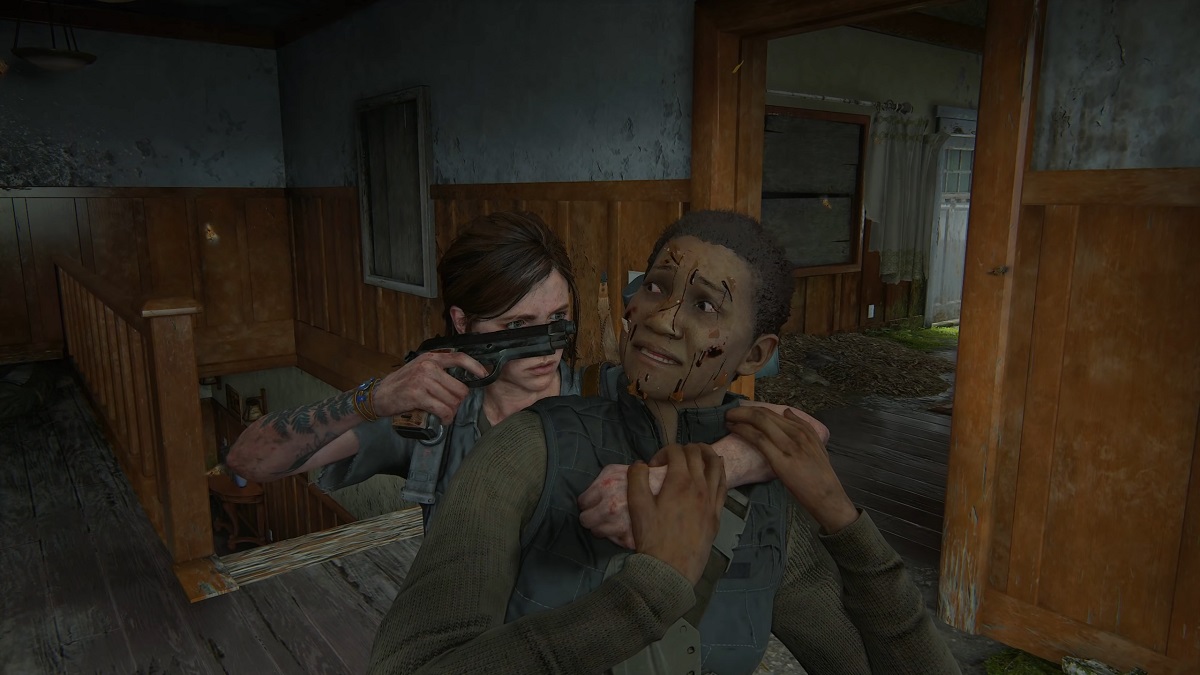 زخمی شدن صورت دشمن و باقی مانده تکه های شیشه در بدن او پس از پرتاب بطری به سمت صورت توسط الی در بازی The Last of Us Part 2