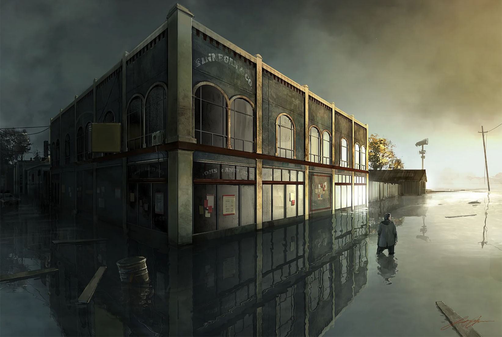 الن ویک در کنار ساختمان و محیط سیل زده در طرح Alan Wake 2