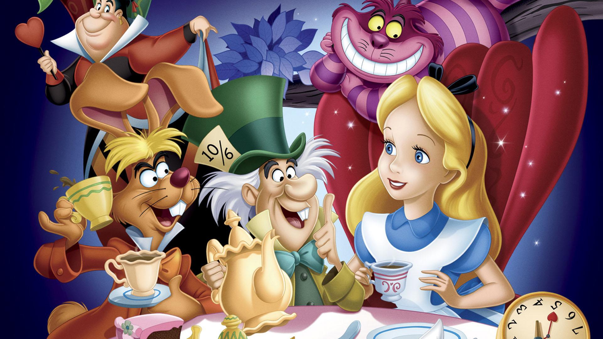شخصیت آلیس، کد هتر و گربه خندان در پوستری از انیمیشن کلاسیک آلیس در سرزمین عجایب