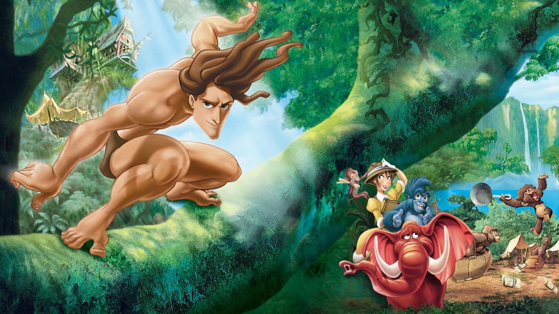 پوستری از شخصیت‌ تارزان روی درخت و دو شخصیت جین و ترک در انیمیشن تارزان