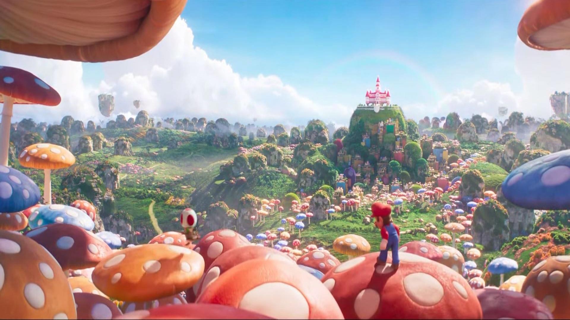ماریو درحال جابجا شدن روی قارچهای بزرگ