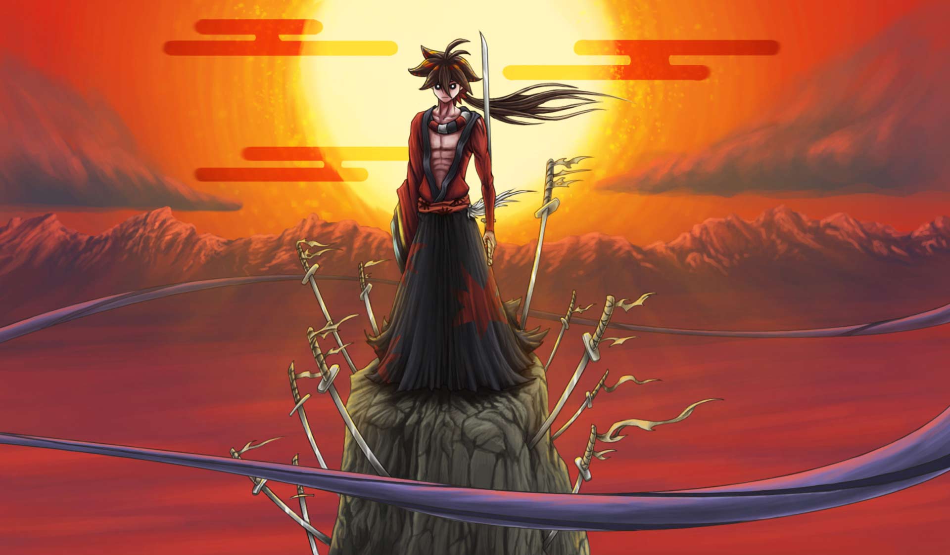 شیچیکا ایستاده روی تخته سنگی مزین به شمشیرهای جادویی از انیمیشن Sword Hunt