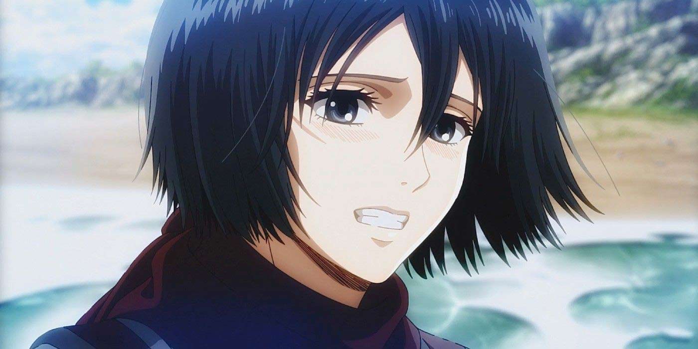 Attaque sur le personnage d'anime Titan Mikasa Ackerman avec des cheveux noirs courts