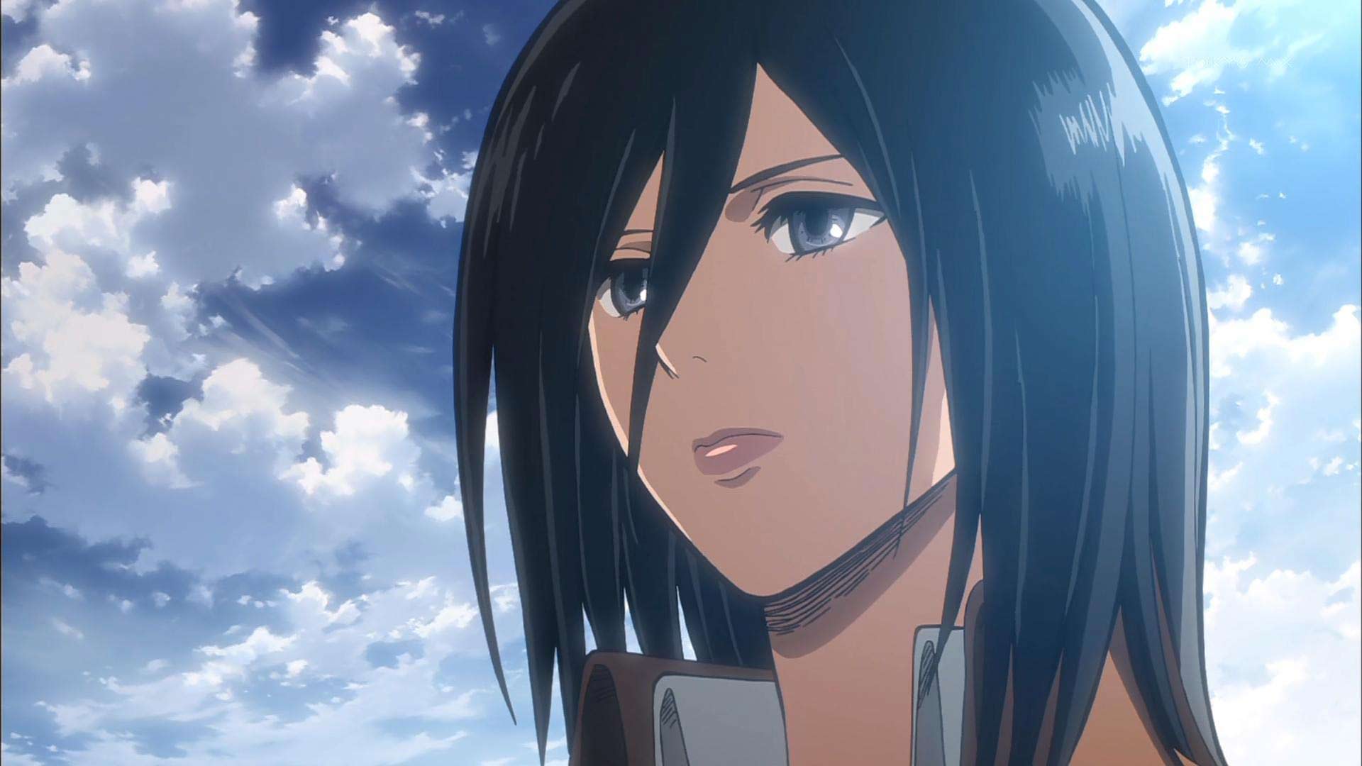 Gros plan sur le visage de Mikasa avec de longs cheveux noirs