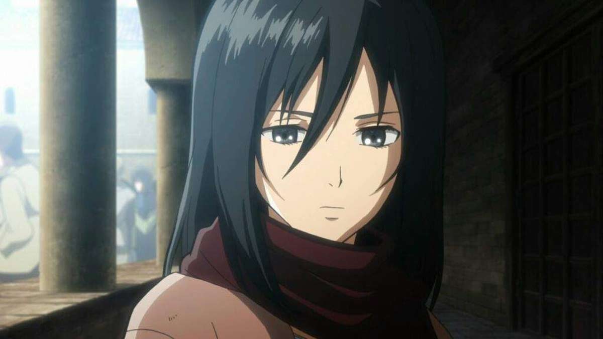 Mikasa enfant avec de longs cheveux noirs et une écharpe