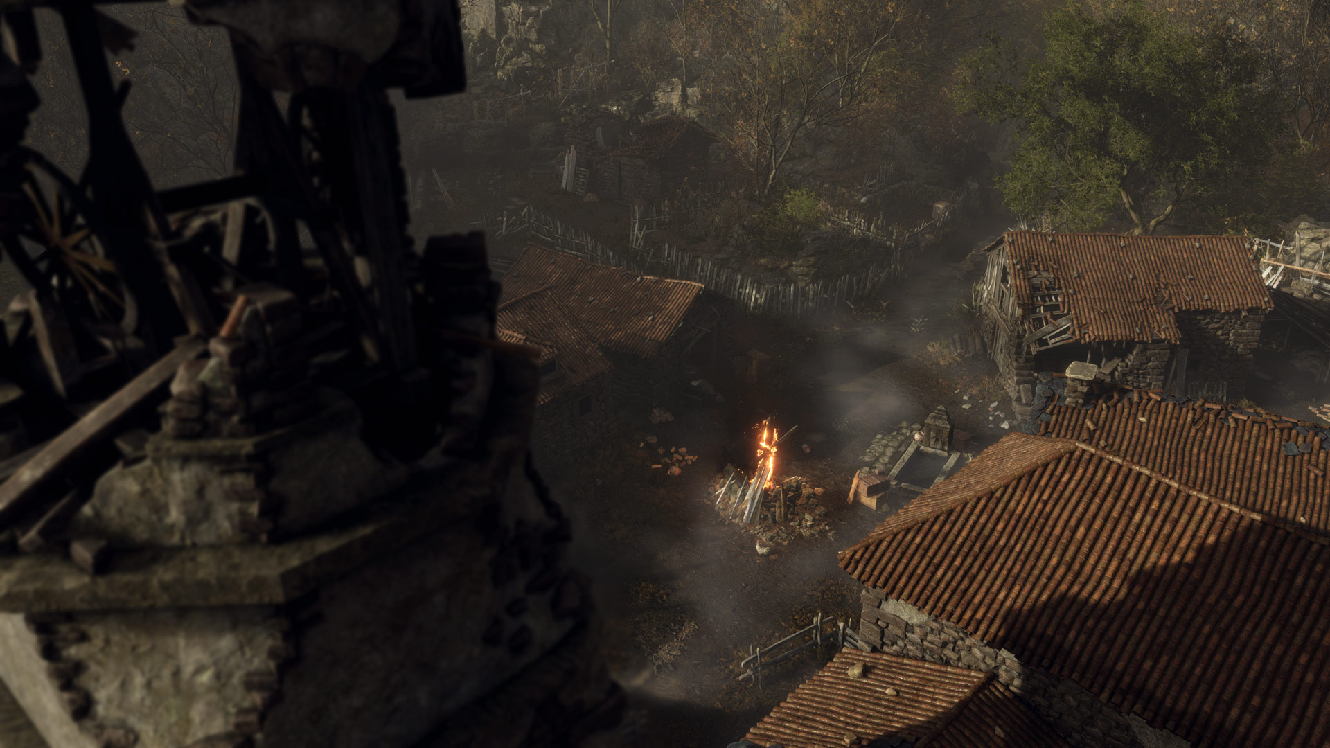 Environnement de village et feu vif d'en haut dans le remake de Resident Evil 4