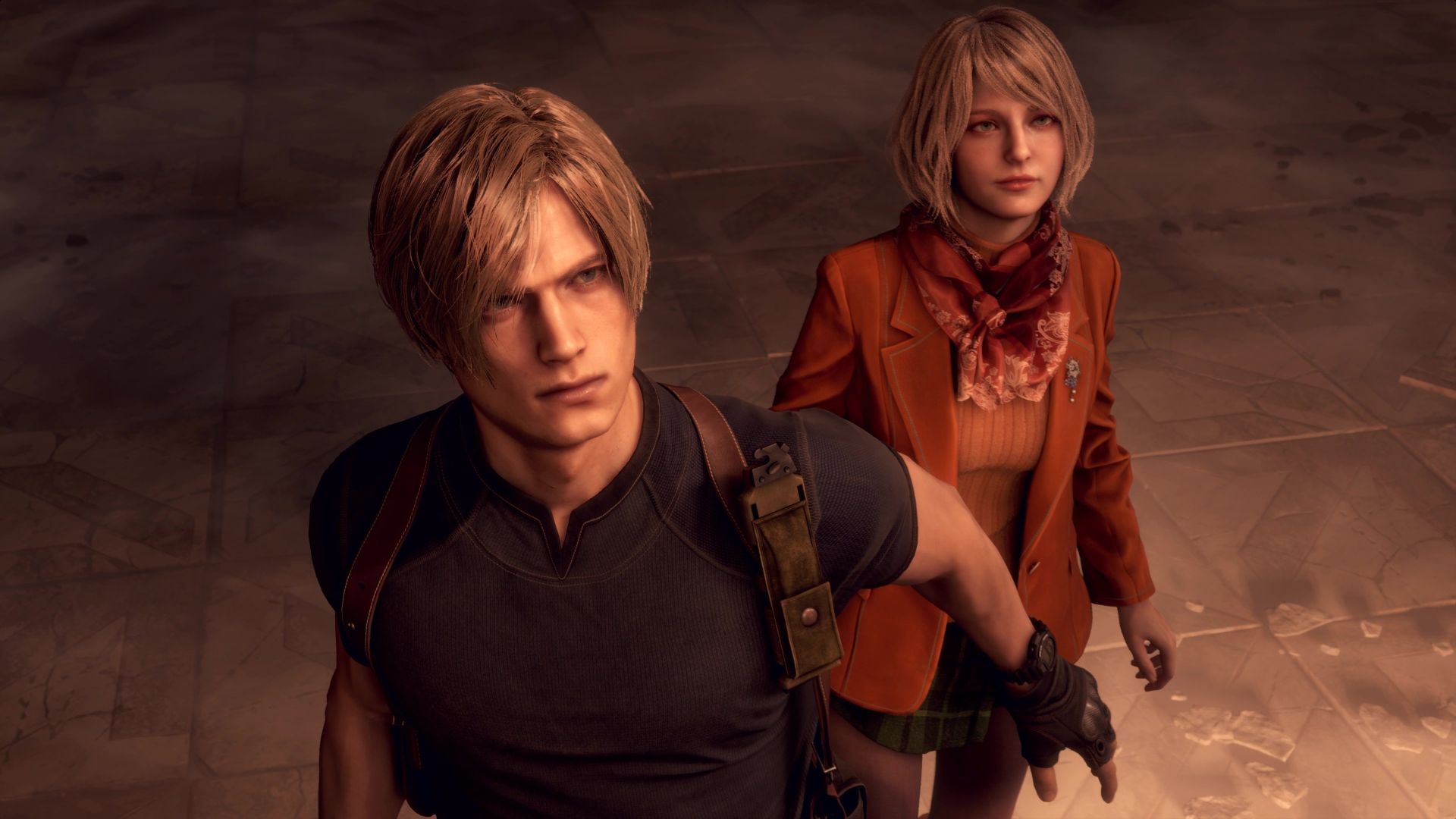 لیان و اشلی در حال نگاه کردن در بازی Resident Evil 4 Remake