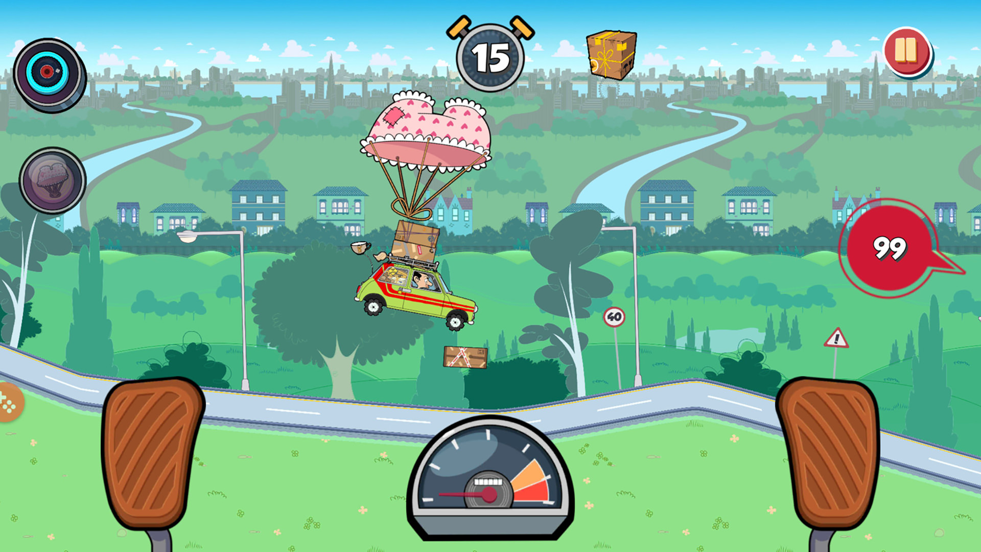 Mr. Bean mini cooper car flying over the road in the mobile game Mr Bean – Special Delivery