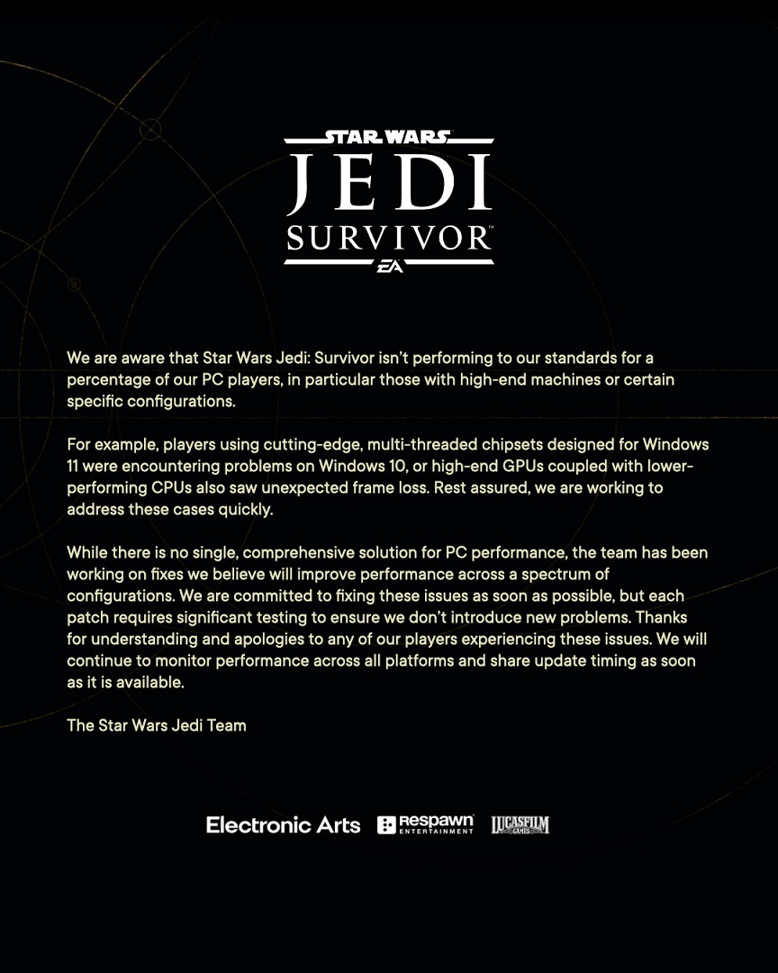 بیانیه استودیو Respawn در مورد مشکلات نسخه رایانه شخصی Star Wars Jedi: Survivor