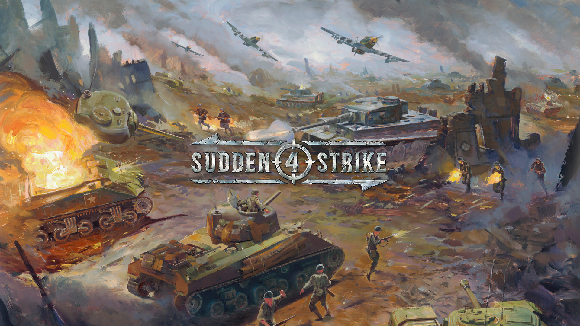لوگوی بازی Sudden Strike 4 و نبرد تانک