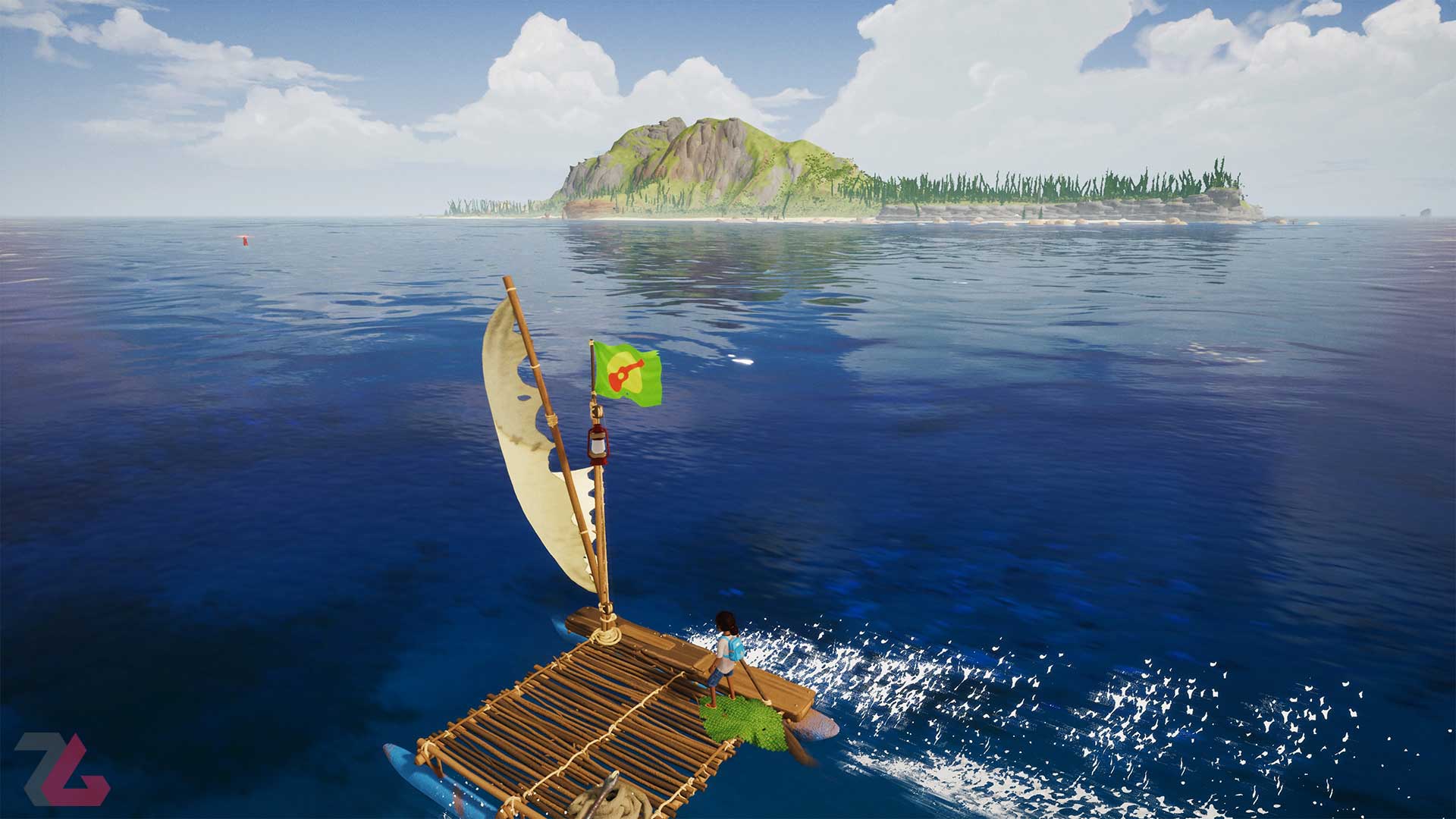 حرکت با قایق مسطح الواری روی آب در بازی Tchia