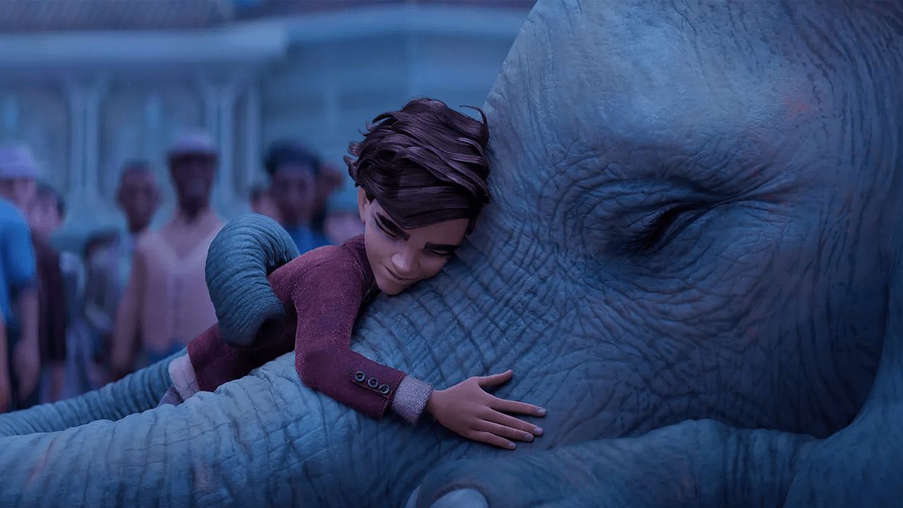 فیل با خرطومش پیتر را در انیمیشن The Magician's Elephant در آغوش می‌گیرد