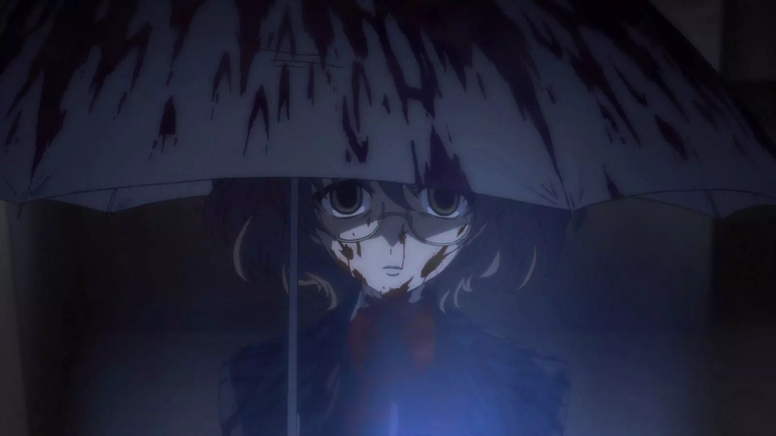 A girl with an umbrella and a bloody face in another anime