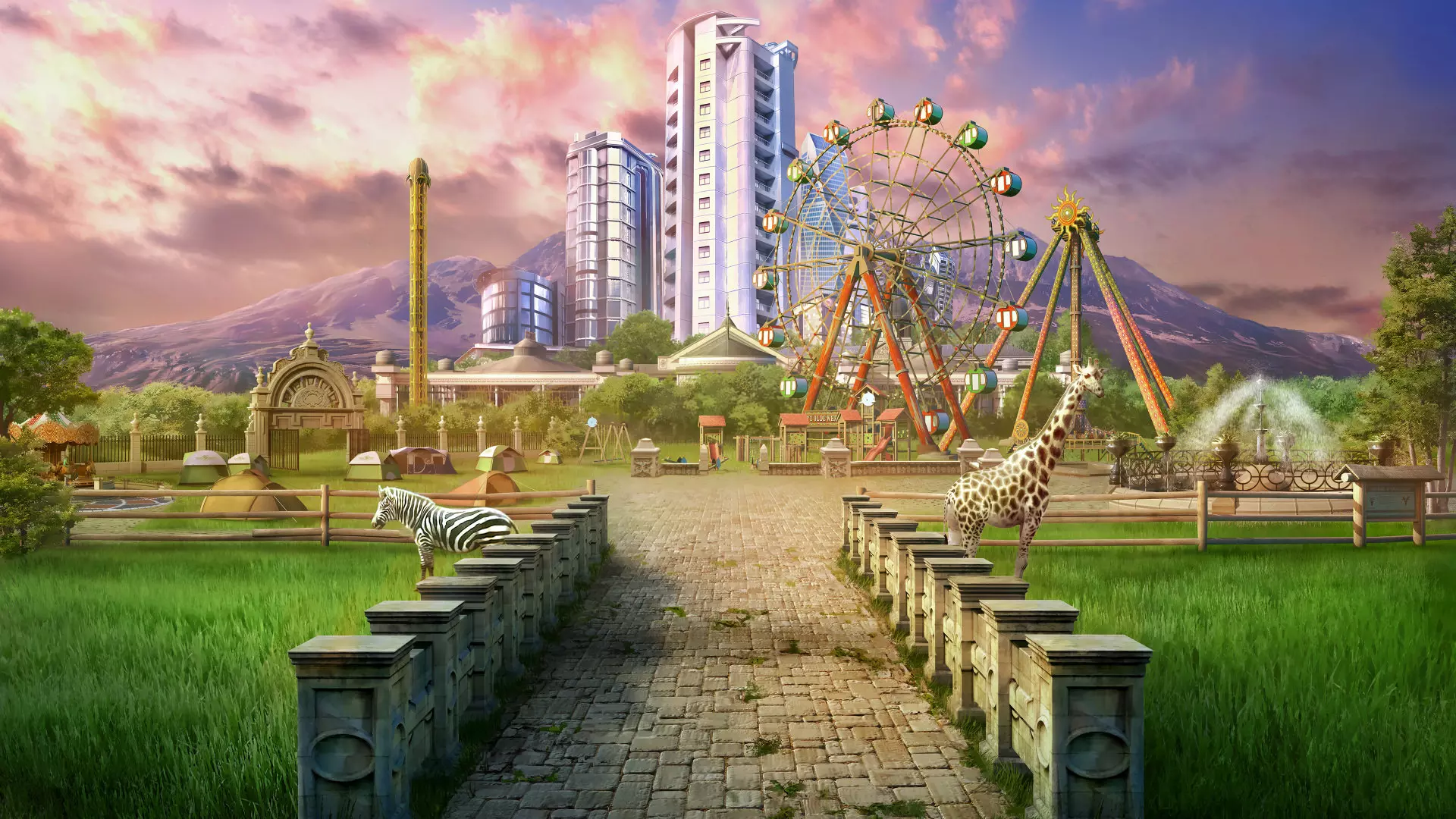 یک پارک و ساختمان از بازی cities skylines