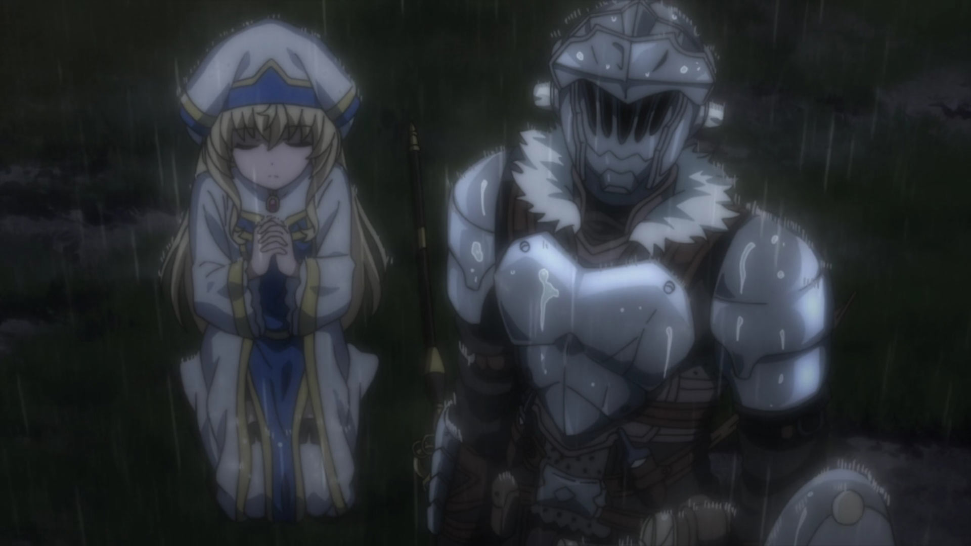 A knight and a girl under the rain in Goblin Killer anime