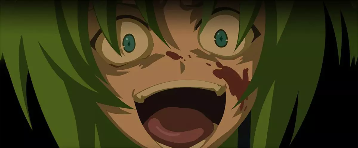Shion or her twin sister with bloody face and scary laugh from Higurashi anime when they cry