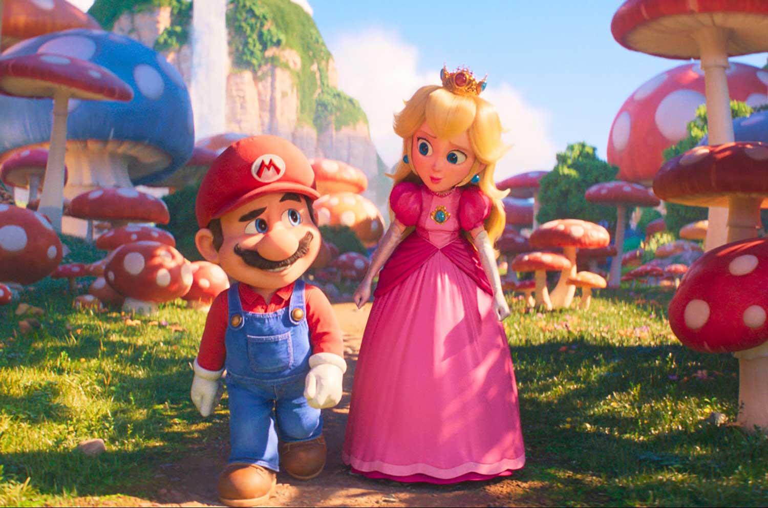 پیاده روی پرنسس پیچ با لباس صورتی کنار ماریو با کلاه قرمز در انیمیشن برادران سوپر ماریو