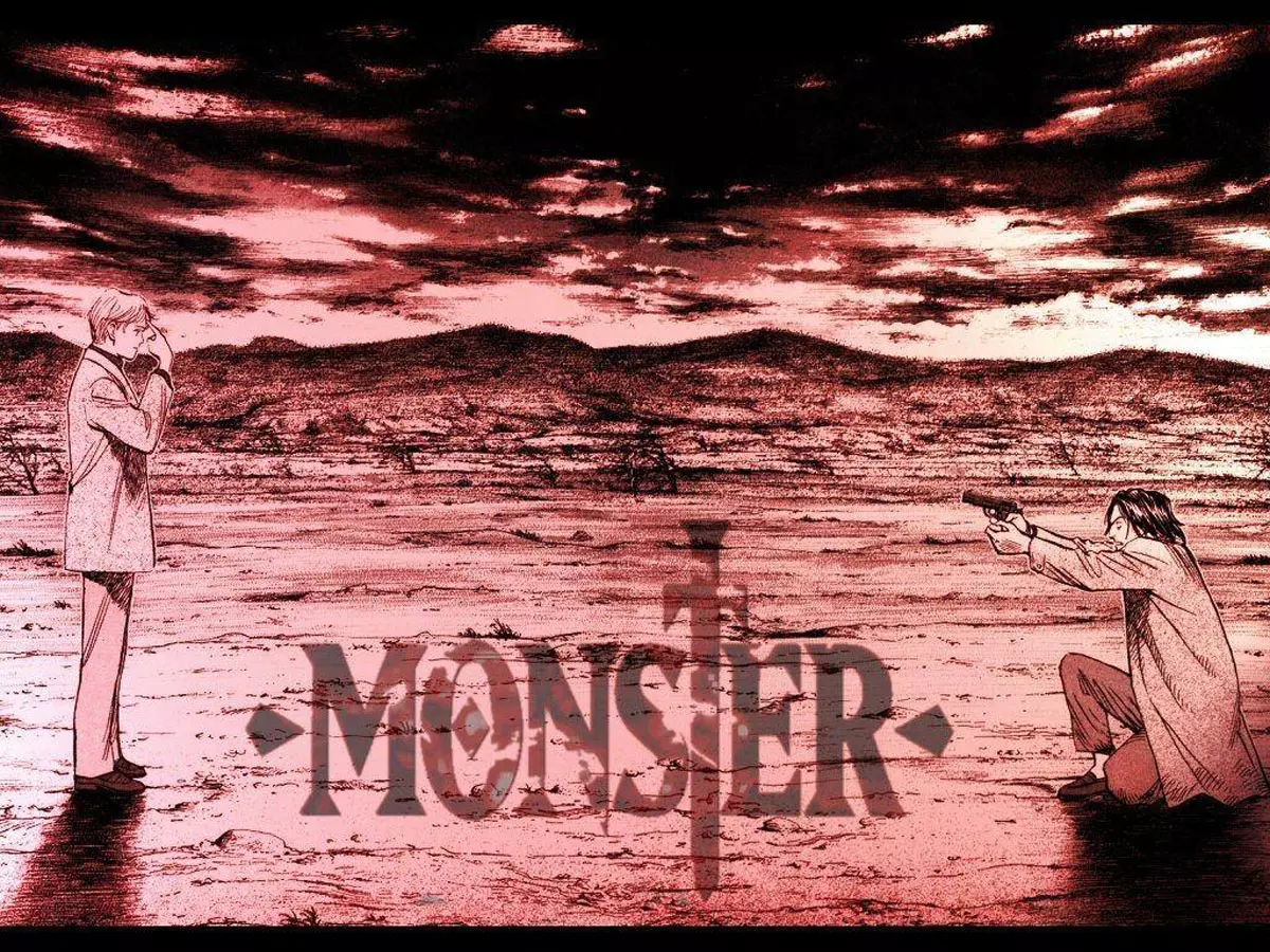 Monster anime and two main characters in a desert landscape where one is trying to shoot the other