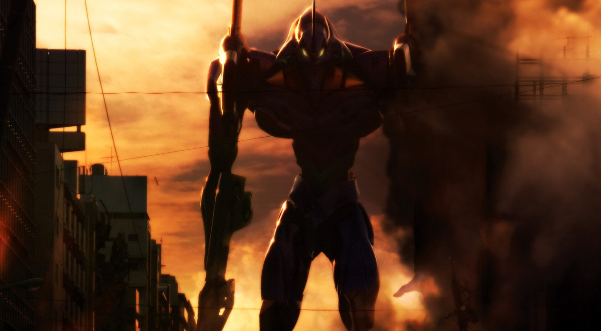 A flying robot in a picture of a sunset in the anime Neon Genesis