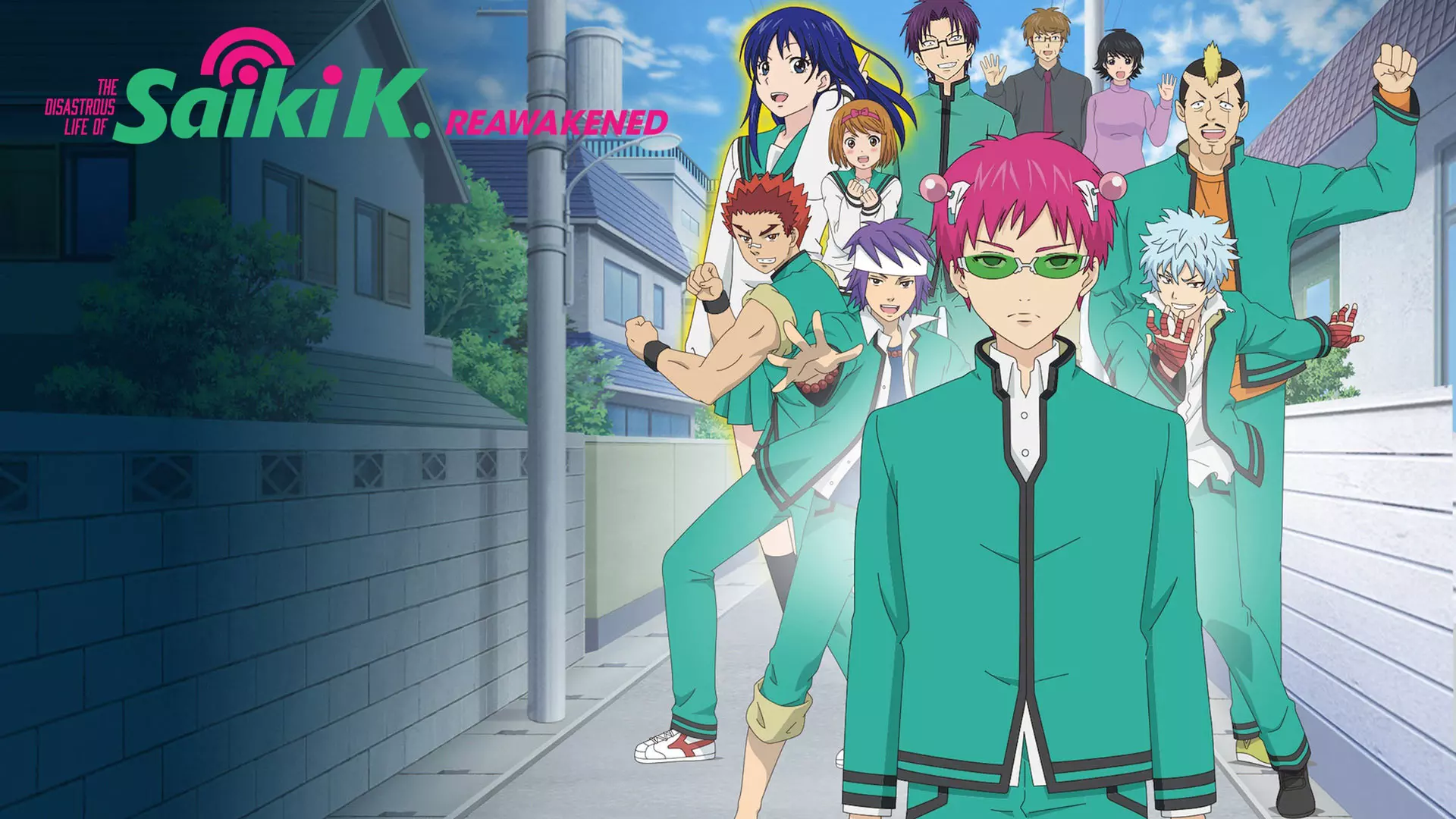 Saiki K with pink hair and green uniform next to her friends