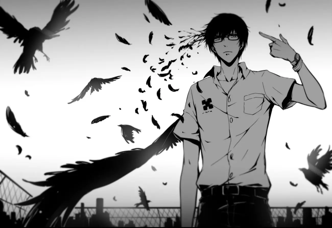 Resonant terror anime character with a background of crows and flying feathers