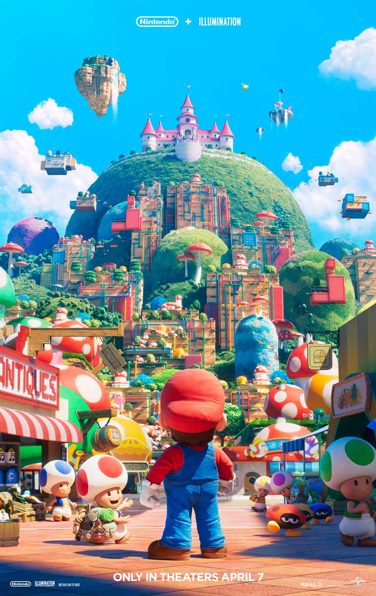 ماریو کنار تود در حال نگاه به سمت جلو در پوستر رسمی انیمیشن برادران سوپر ماریو، محصول شرکت Nintendo و استودیو Illumination