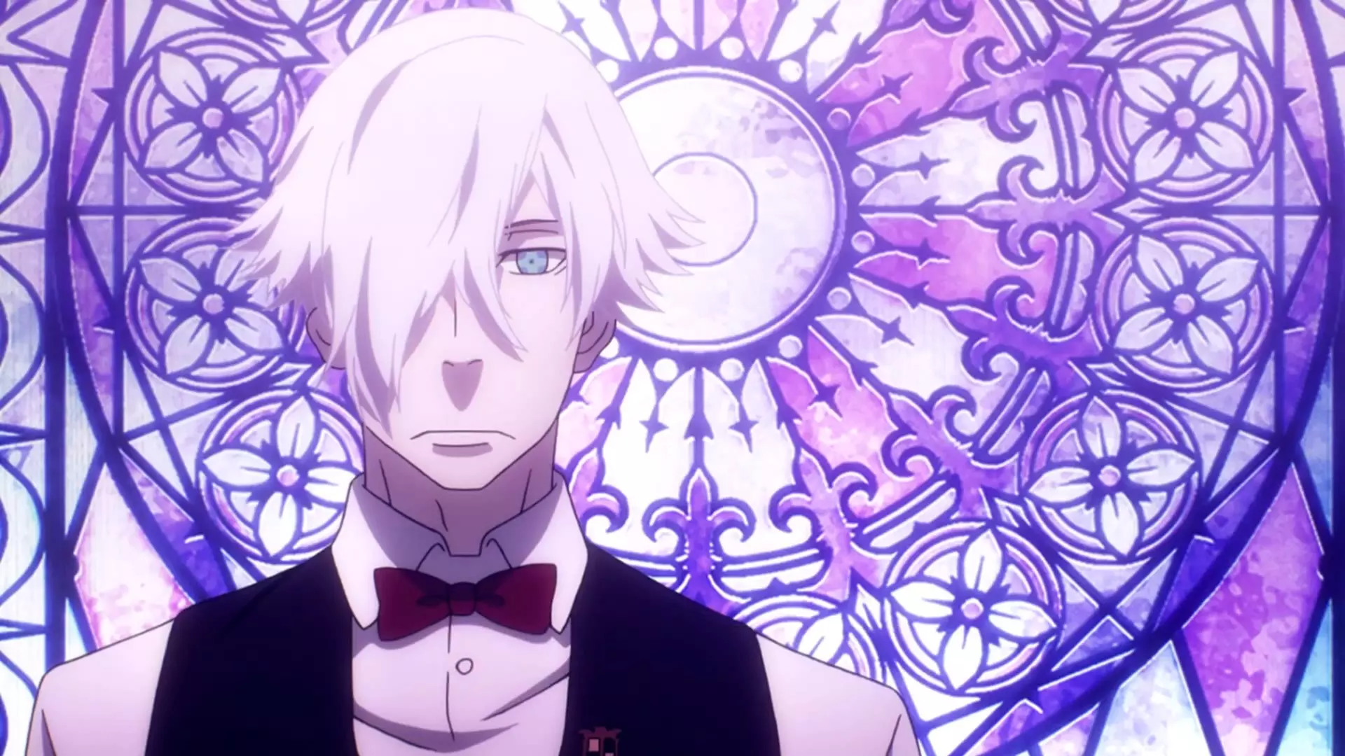 Dekim's character in front of a stained glass in the anime Death Parade