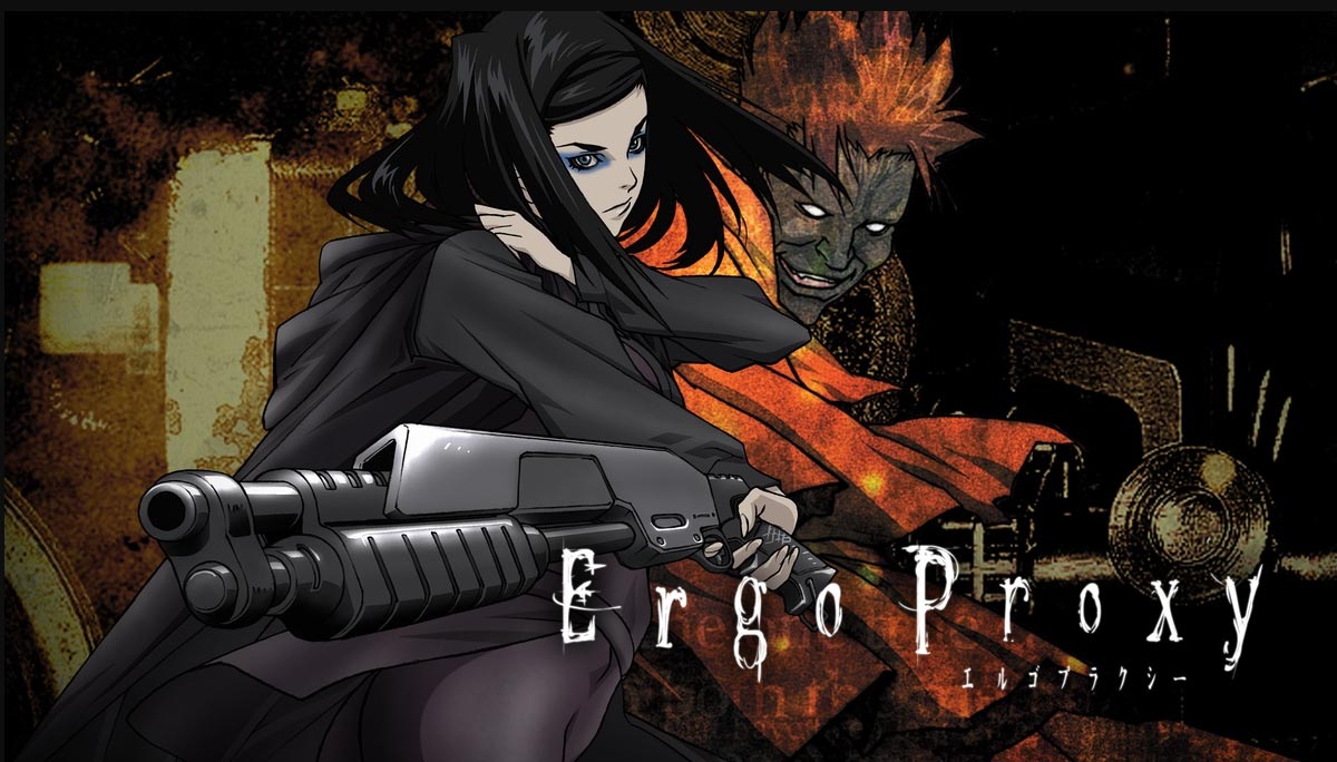 Ergo Proxy anime character Riel Meier with a pale face and long hair and holding a gun with a background of an evil face