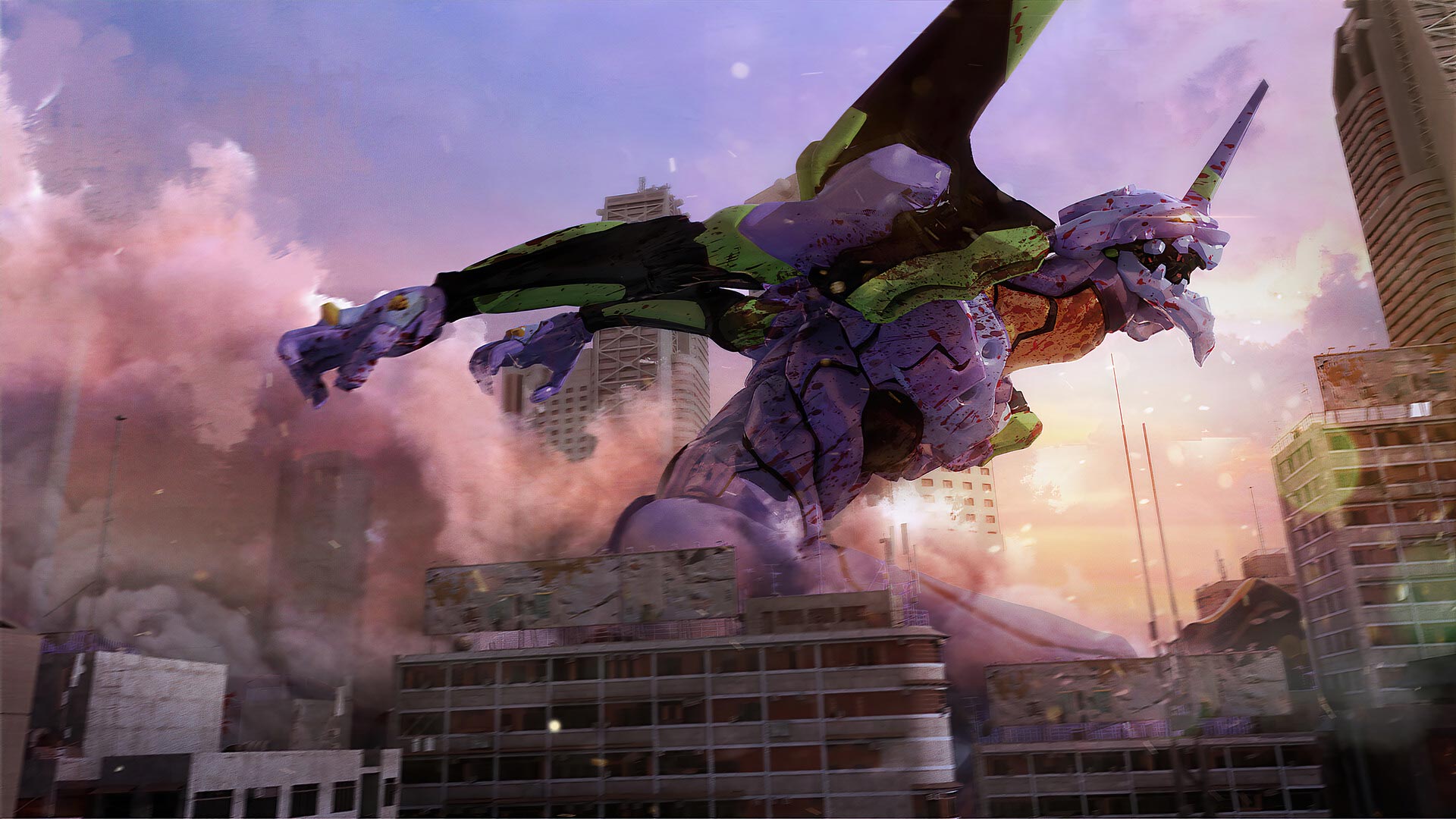Big robot among the city buildings and pink smoke in Neon Genesis Evangelion anime