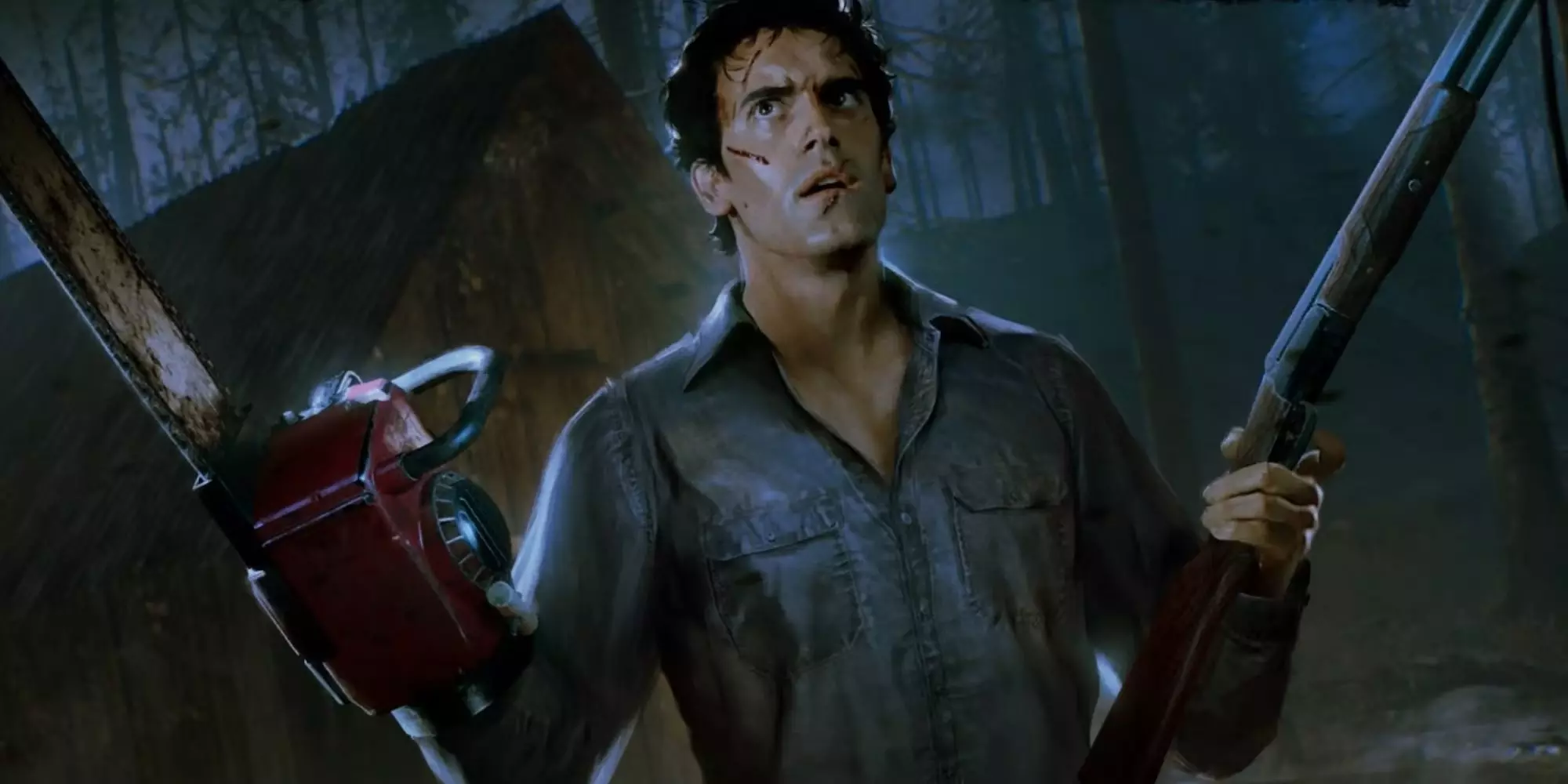 His character in the movie Evil Dead with a gun in one hand and a chainsaw in the other