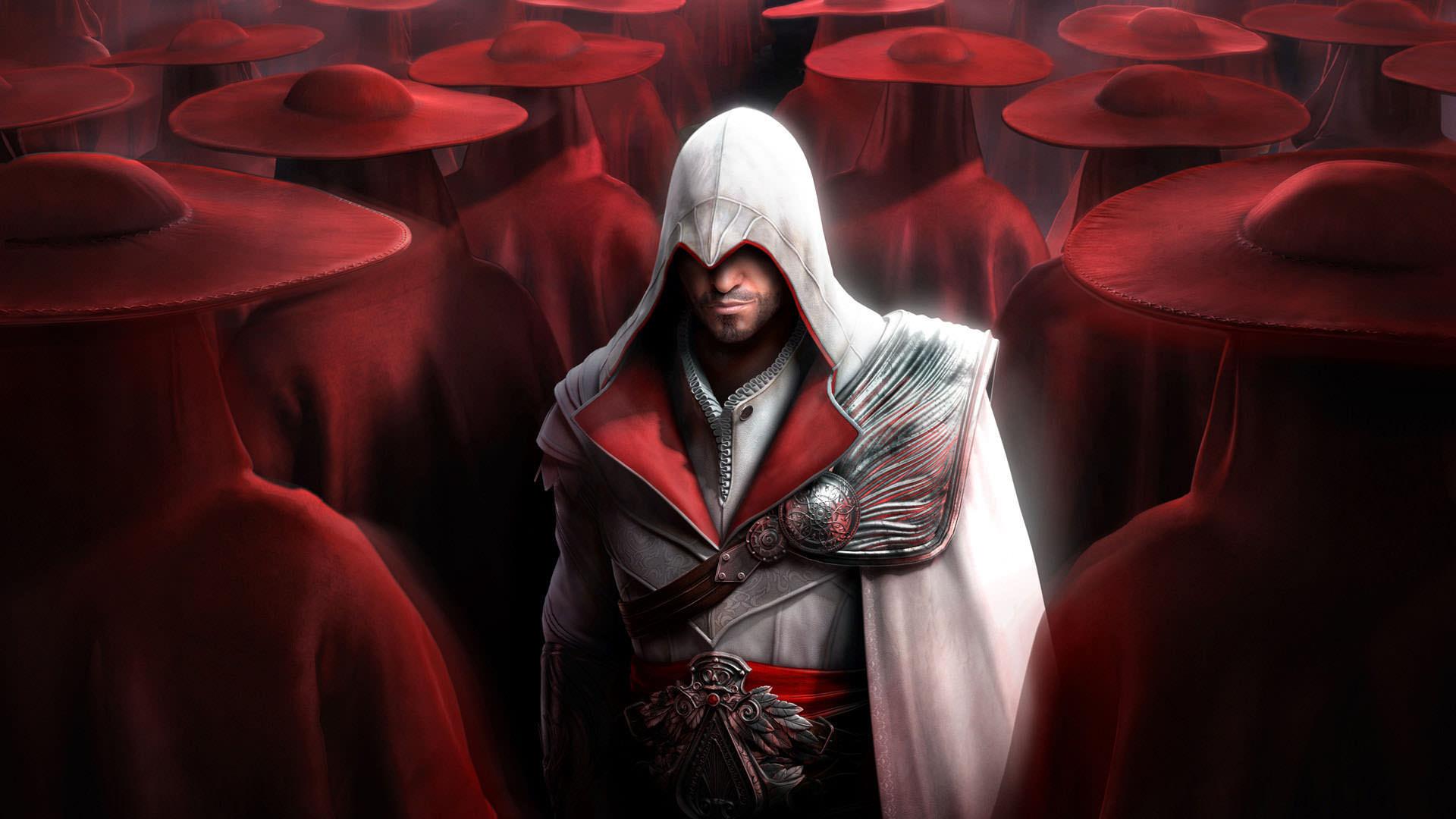 اتزیو میان افراد قرمز‌پوش در بازی Assassin's Creed: Brotherhood