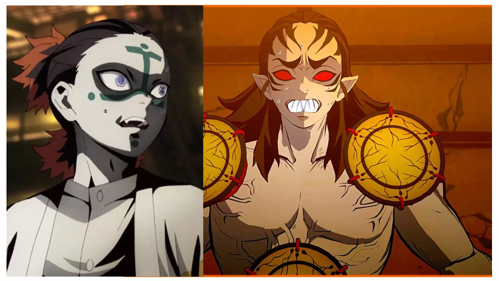 Kamanoe avec un visage effrayant et Kyogai avec trois tambours sur son corps avec un visage effrayant et des yeux rouges de l'anime Devil Slayer