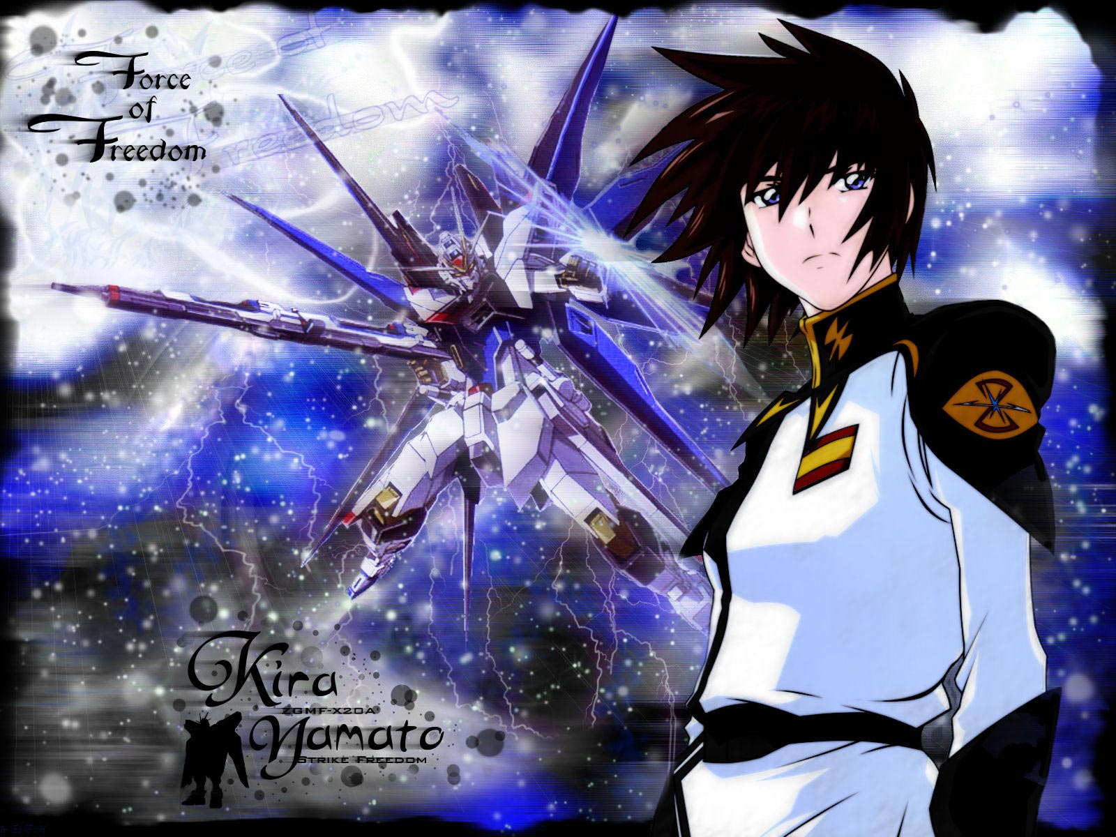 Kira Yamato از انیمه Gundam با لباس خلبانی در کنار Freedom Fighter
