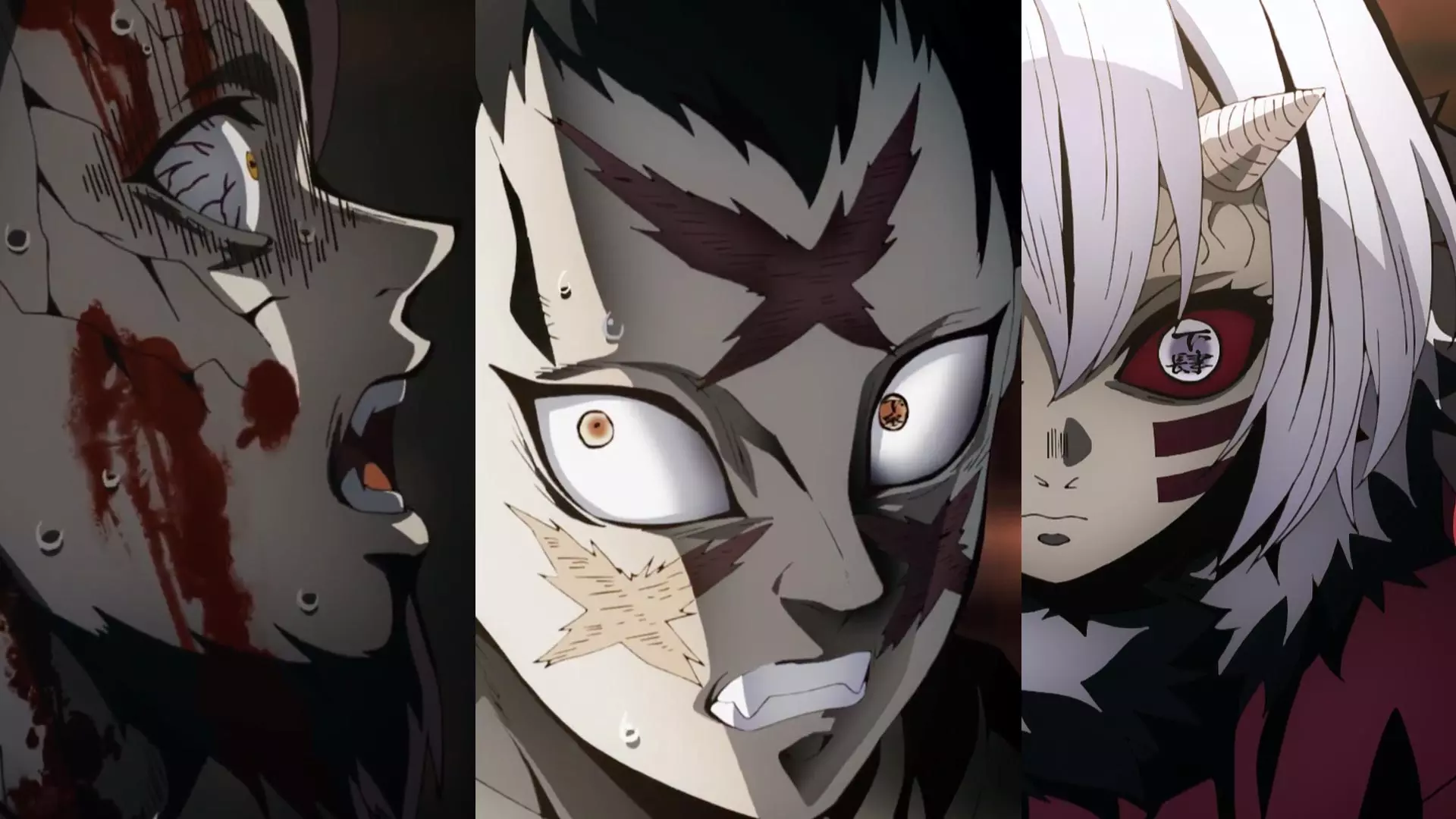 Mokago, Wakuraba et Rokuro avec un visage effrayé et blessé dans l'anime Devil Slayer