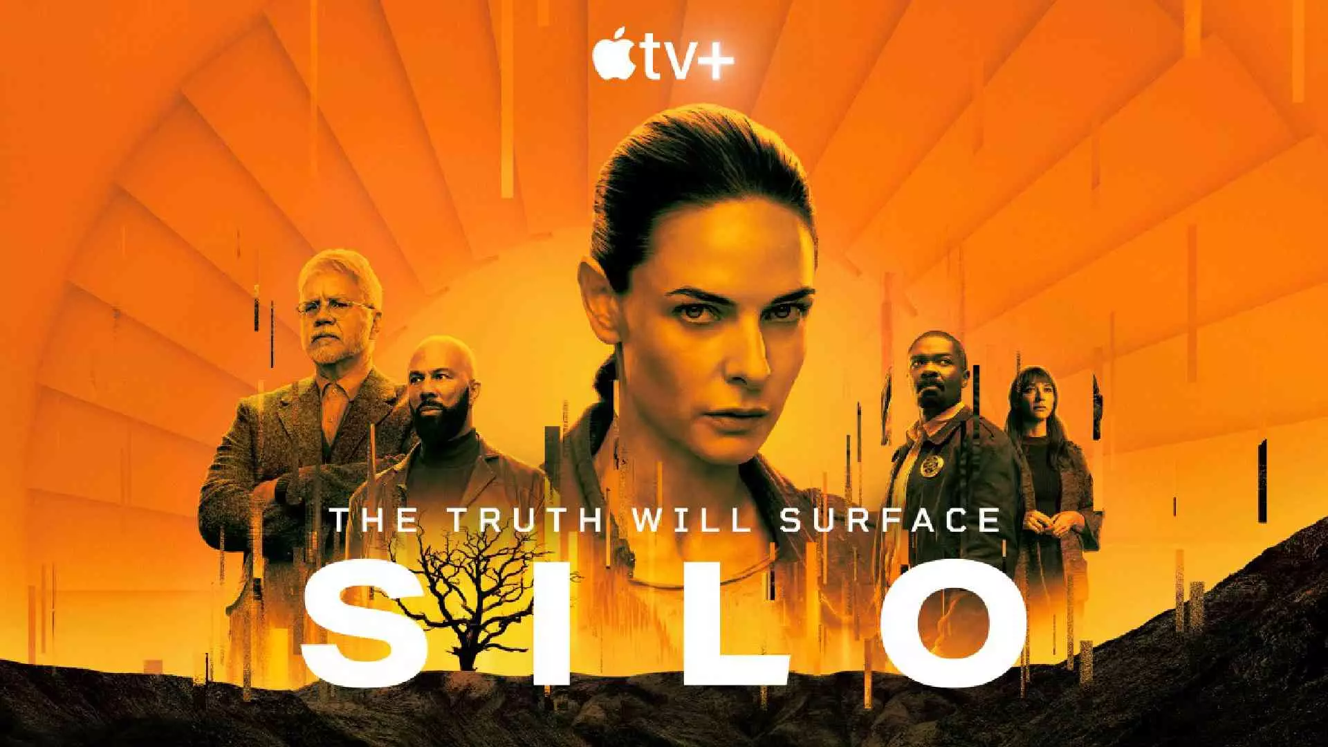 شخصیت‌های اصلی سریال Silo در یک پوستر نارنجی