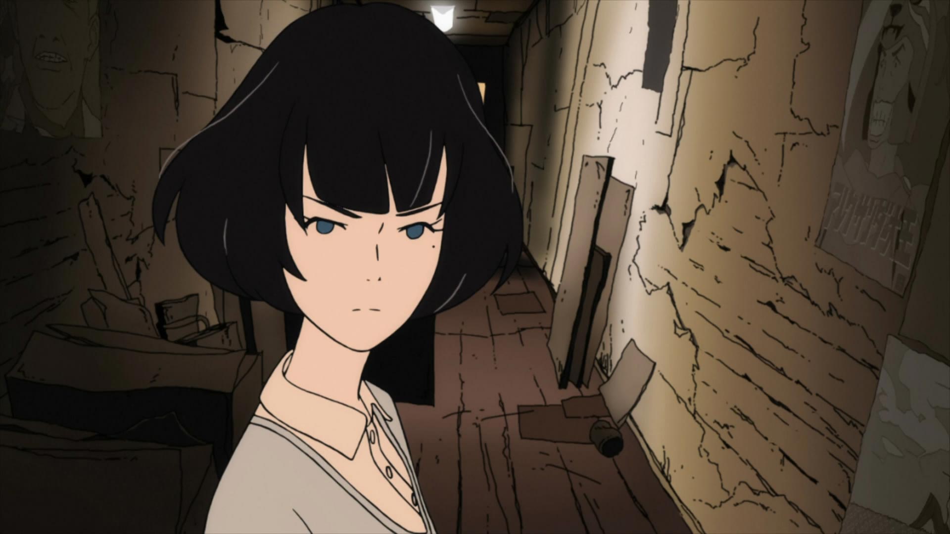 Young girl with short black hair in tatami galaxy tatami worn out apartment