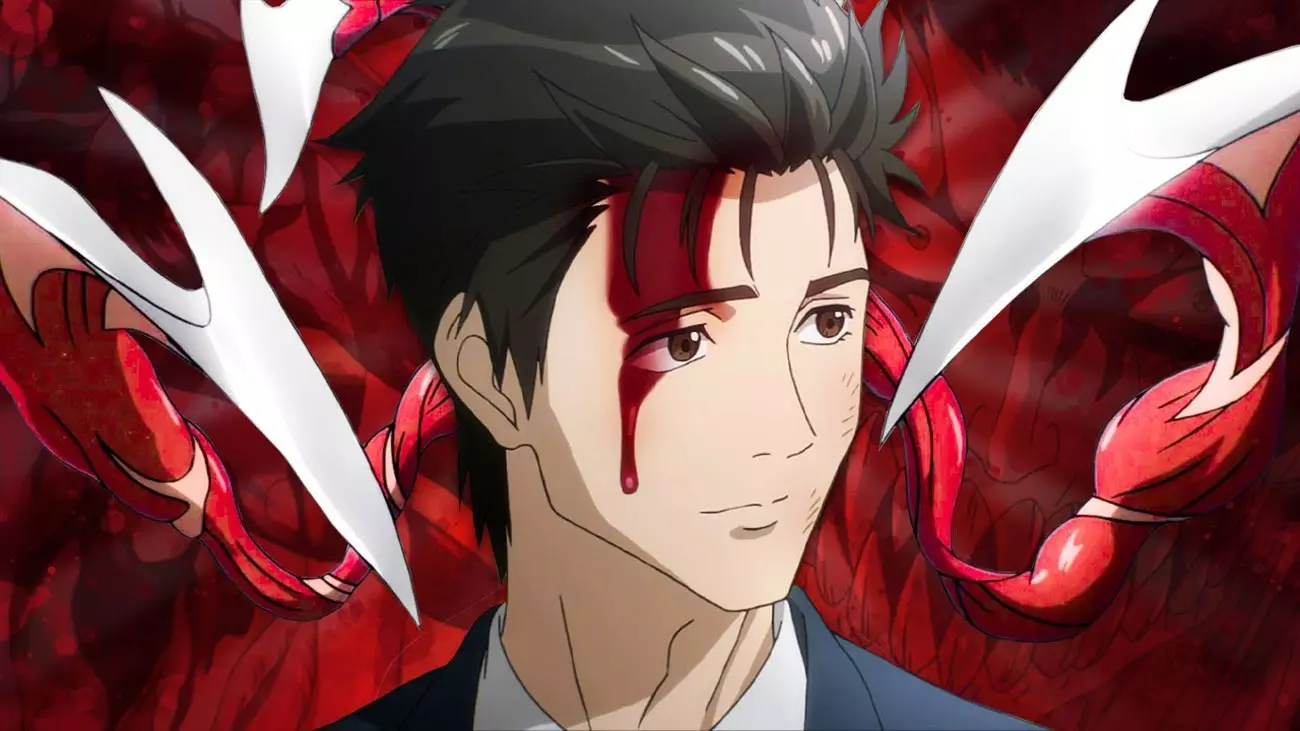 A young man with a bloody face and sharp talons of a parasite in the anime Parasite
