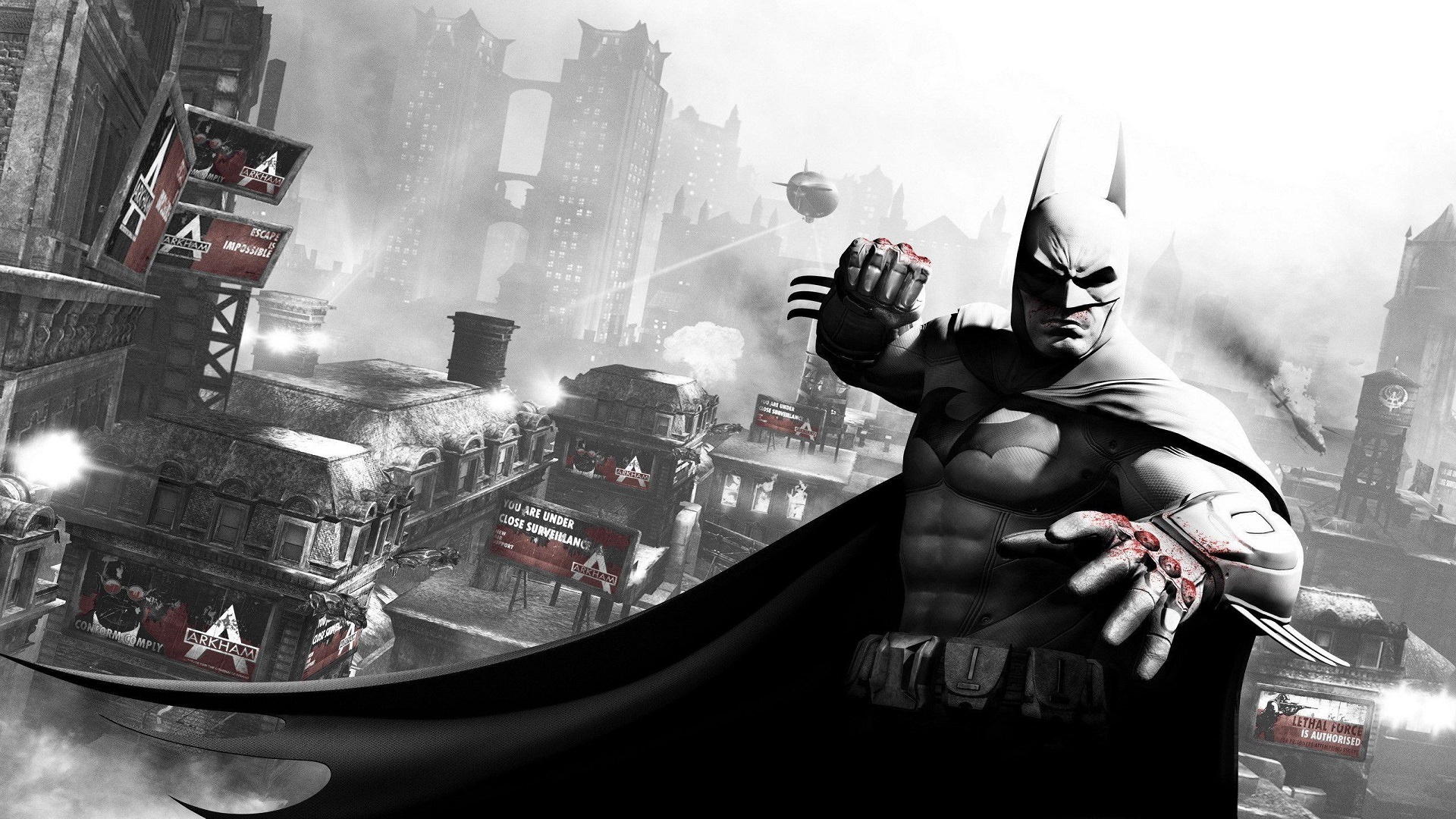تصویر هنری سیاه و سفید از بتمن در بازی Batman: Arkham City